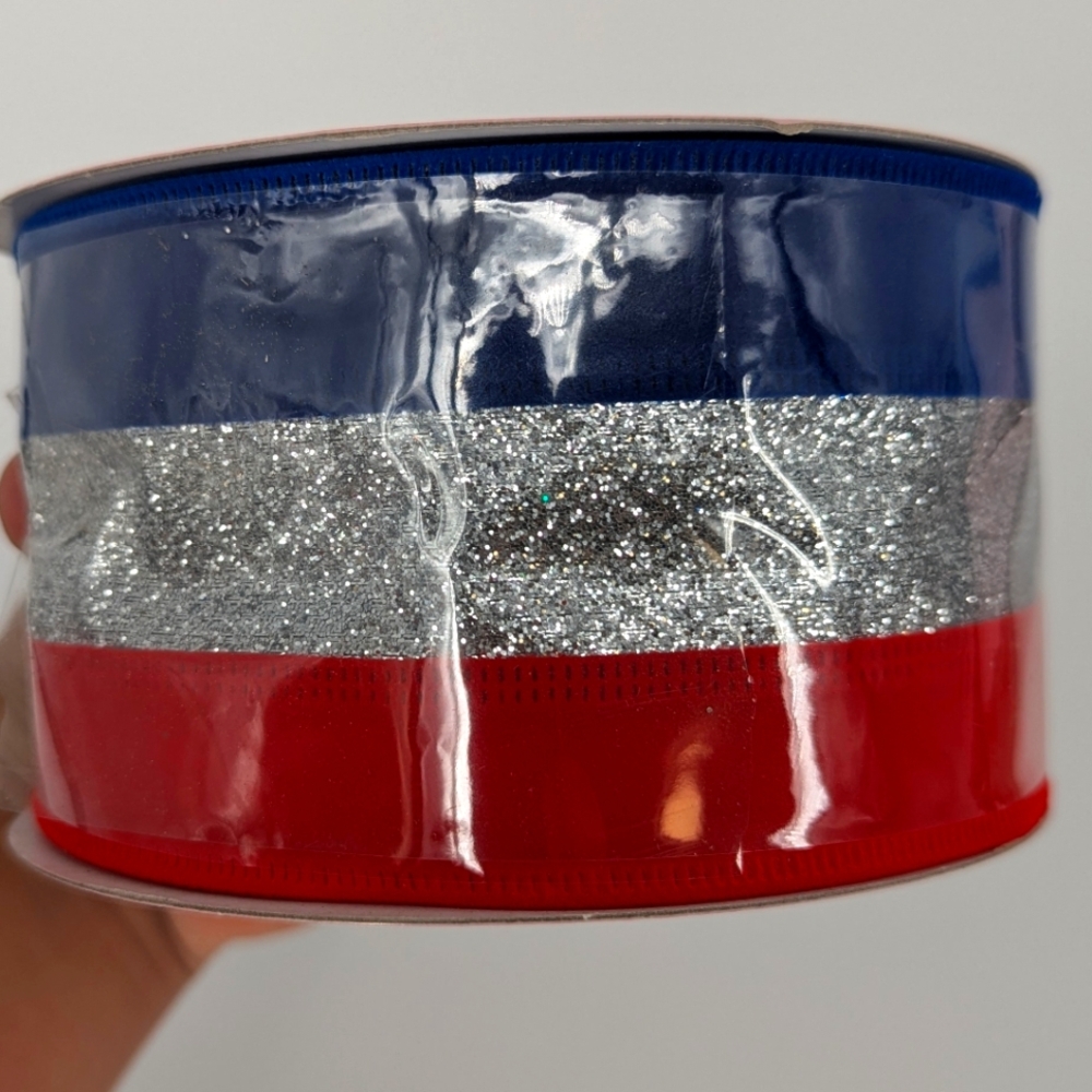 Blue Red Silver Party Decorations Ribbon 2.5" Wired Glitter Velvet 4th July 🇺🇸